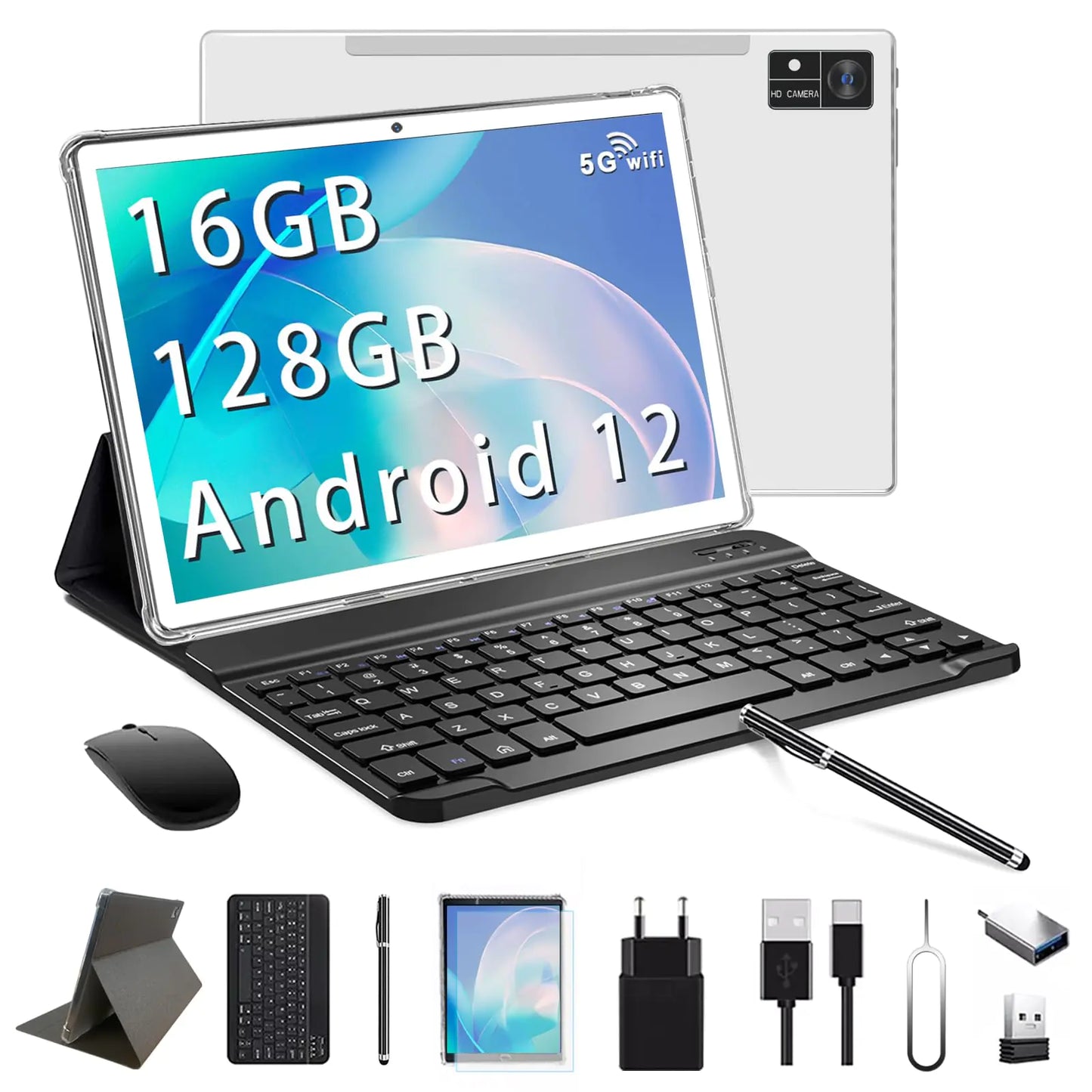 Tablet 10 inch Android 12 Tablets with Keyboard 128GB ROM 16(8+8)GB RAM 1TB Expand 2.4G/5G WiFi Tablet Octa-Core 1920 * 1200 IPS Display 13MP Camera 7000mAh GPS ZONKO Tablet with Case Mouse Silver